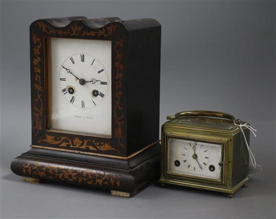 A French brass carriage clock, Moser & Paris, outside countwheel striking on a bell, and a French marquetry